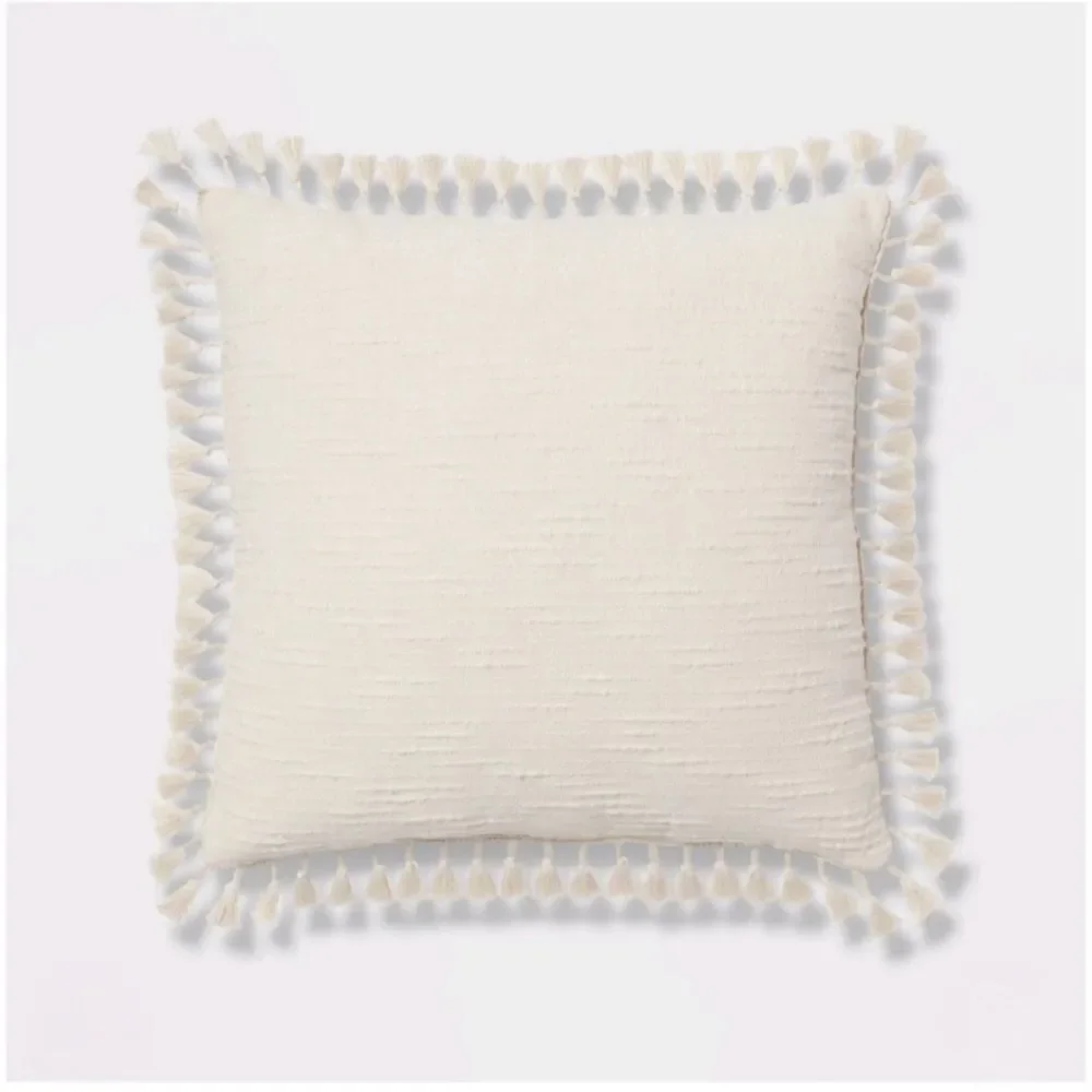 Threshold Euro Textured Slub Tassel fringed edge Decorative Throw Pillow Natural